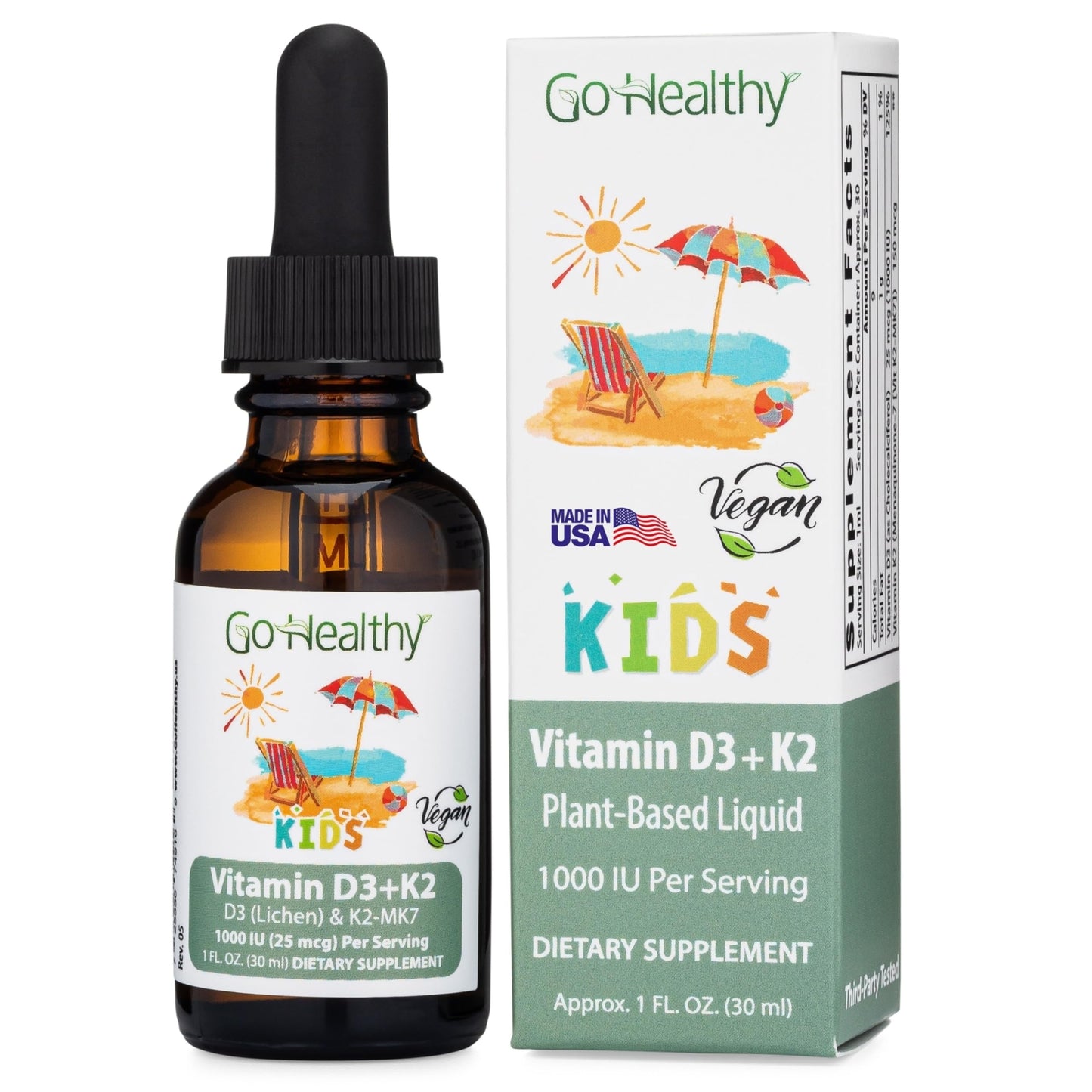 Go Healthy Kids D3 K2 MK-7 – Vanilla Liquid Drops for Kids, 30 Servings