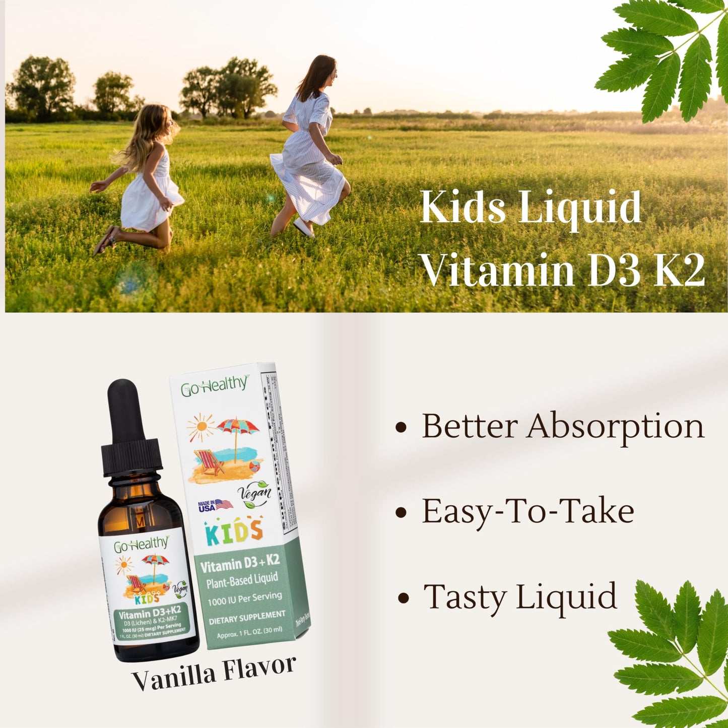 Go Healthy Kids D3 K2 MK-7 – Vanilla Liquid Drops for Kids, 30 Servings