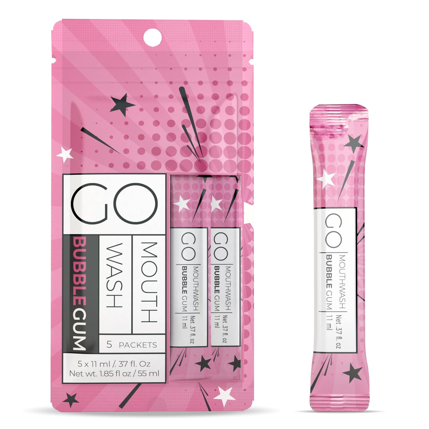 Go Mouthwash Packets Bubblegum - Fluoride Free, Alcohol Free, Dye Free, Xylitol | Bulk Mouthwash for Lunch Boxes & Travel