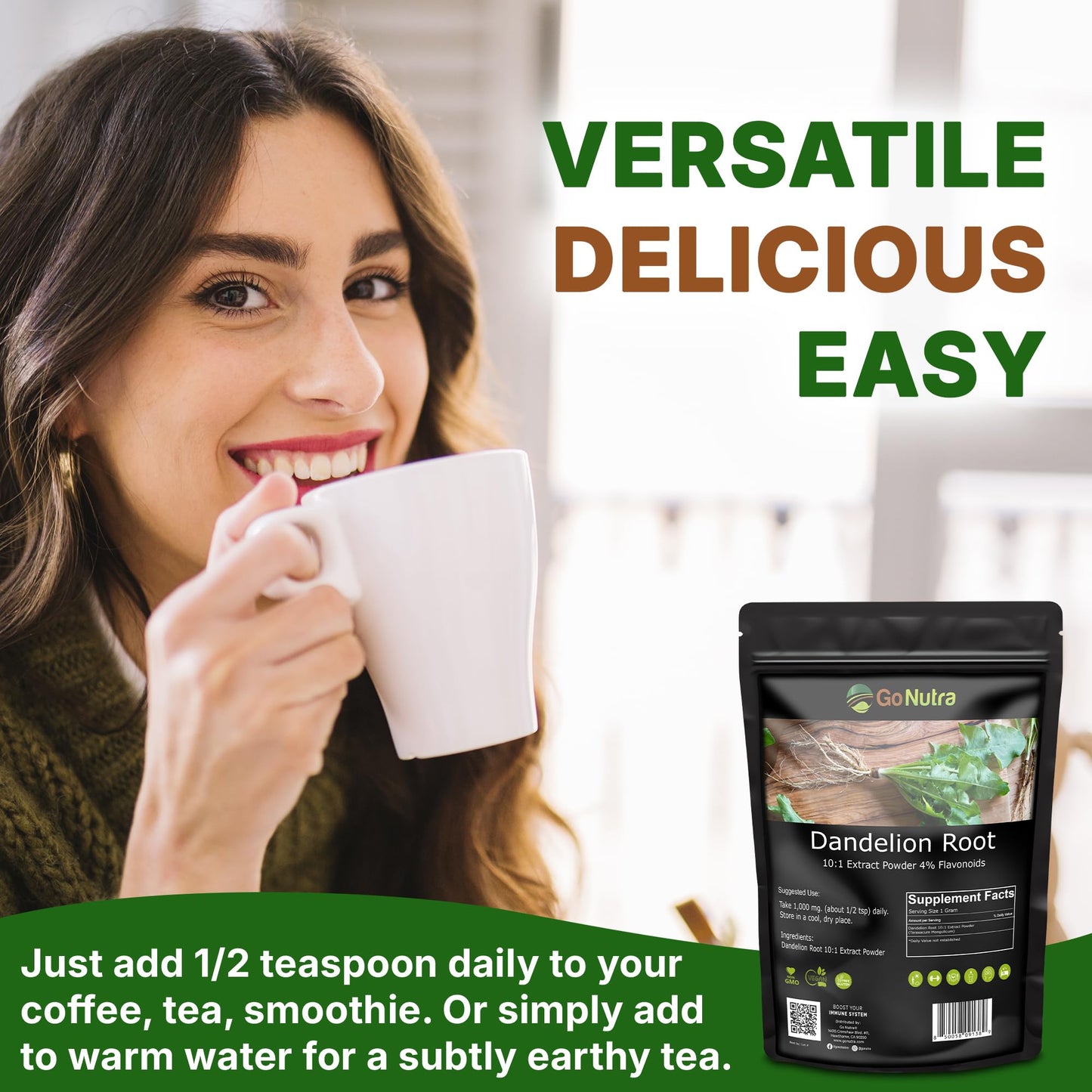 Go Nutra Dandelion Root Powder - 10:1 Concentrated, Caffeine Free for Tea, Coffee & Beverages | 8 oz | Non-GMO, Vegan