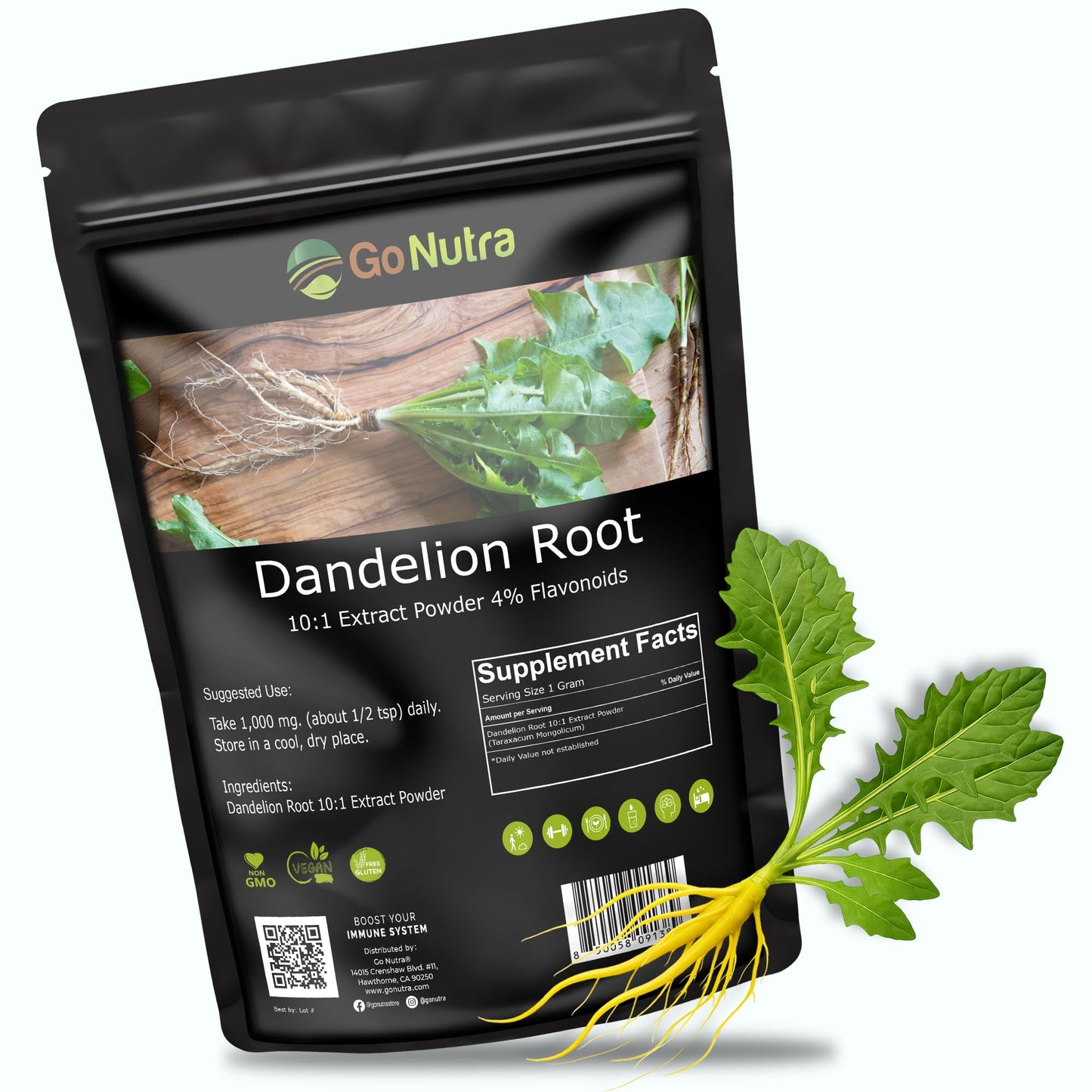 Go Nutra Dandelion Root Powder - 10:1 Concentrated, Caffeine Free for Tea, Coffee & Beverages | 8 oz | Non-GMO, Vegan