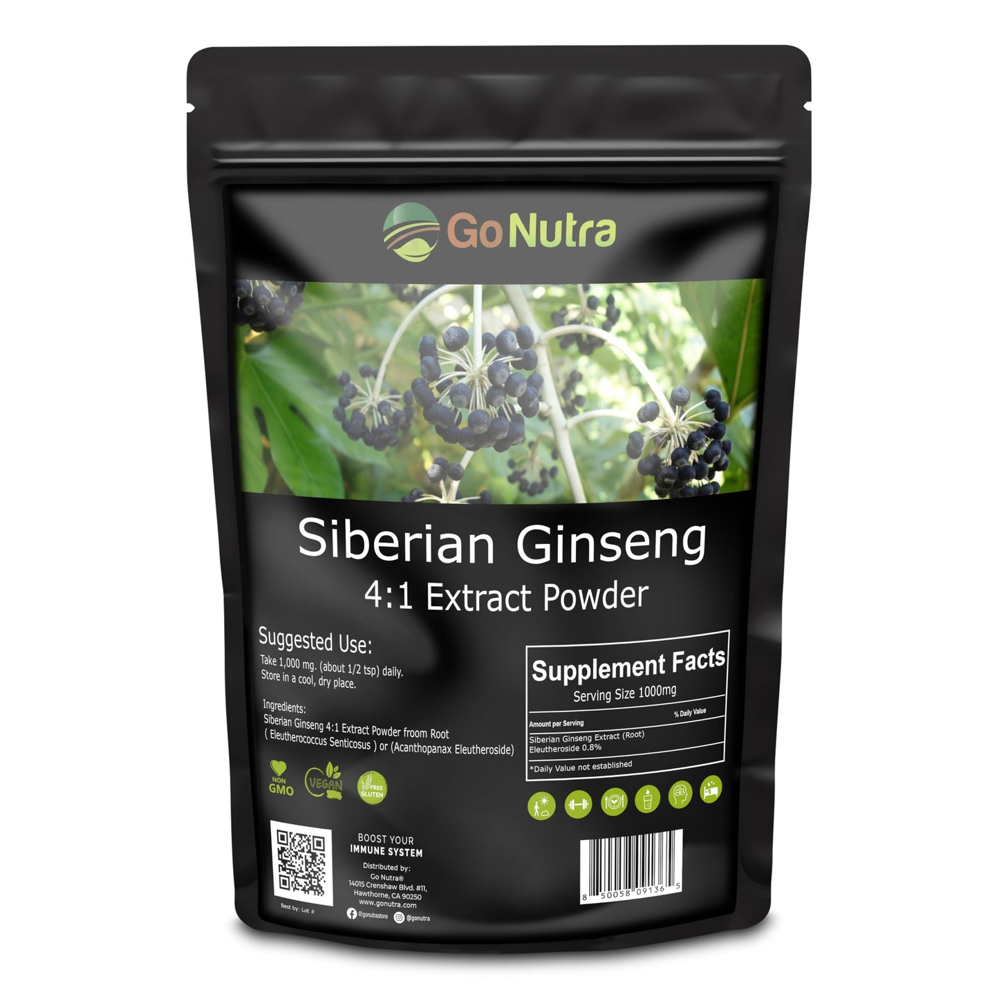 Go Nutra Siberian Ginseng - Eleuthero Root Powder 4:1 Extract, 1lb