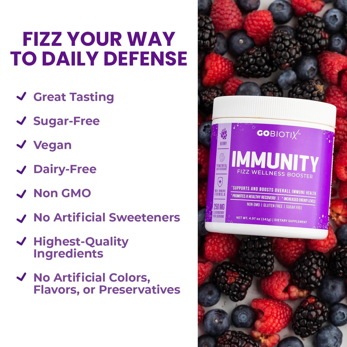 GOBIOTIX Vitamin C Immune Defense Powder – Berry | Vegan, Non-GMO, Sugar-Free