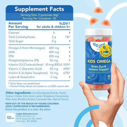 GOJOY Kids Omega-3 DHA Gummies – Plant-Based, Sugar-Free DHA + EPA for Brain & Eye Health (Ages 3+)
