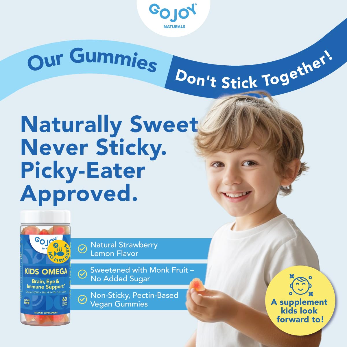 GOJOY Kids Omega-3 DHA Gummies – Plant-Based, Sugar-Free DHA + EPA for Brain & Eye Health (Ages 3+)