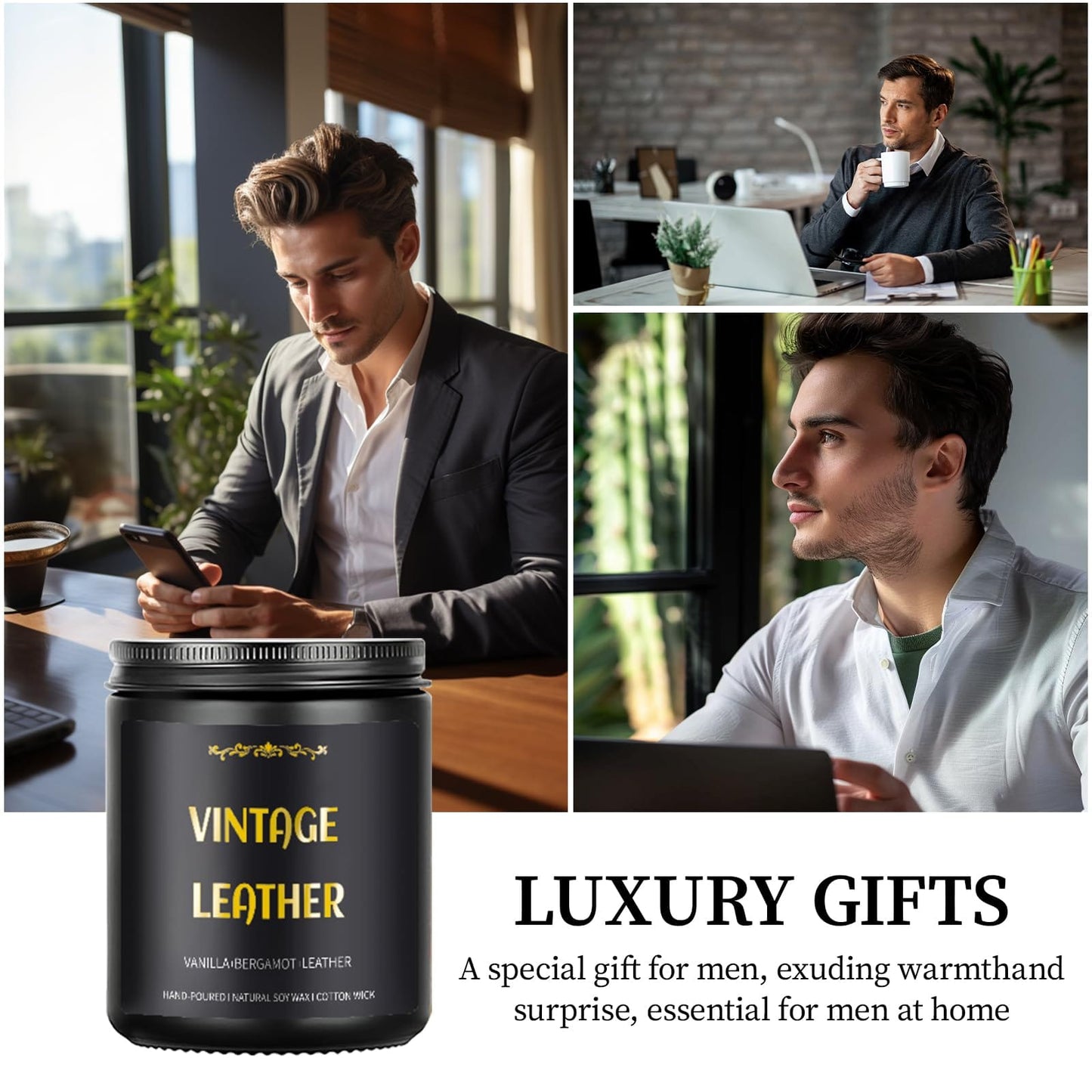 Vintage Leather Candle – 9 oz Soy Wax, Masculine Scented Jar Candle for Men | 50 Hours Burn Time
