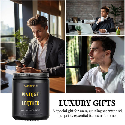 Vintage Leather Candle – 9 oz Soy Wax, Masculine Scented Jar Candle for Men | 50 Hours Burn Time