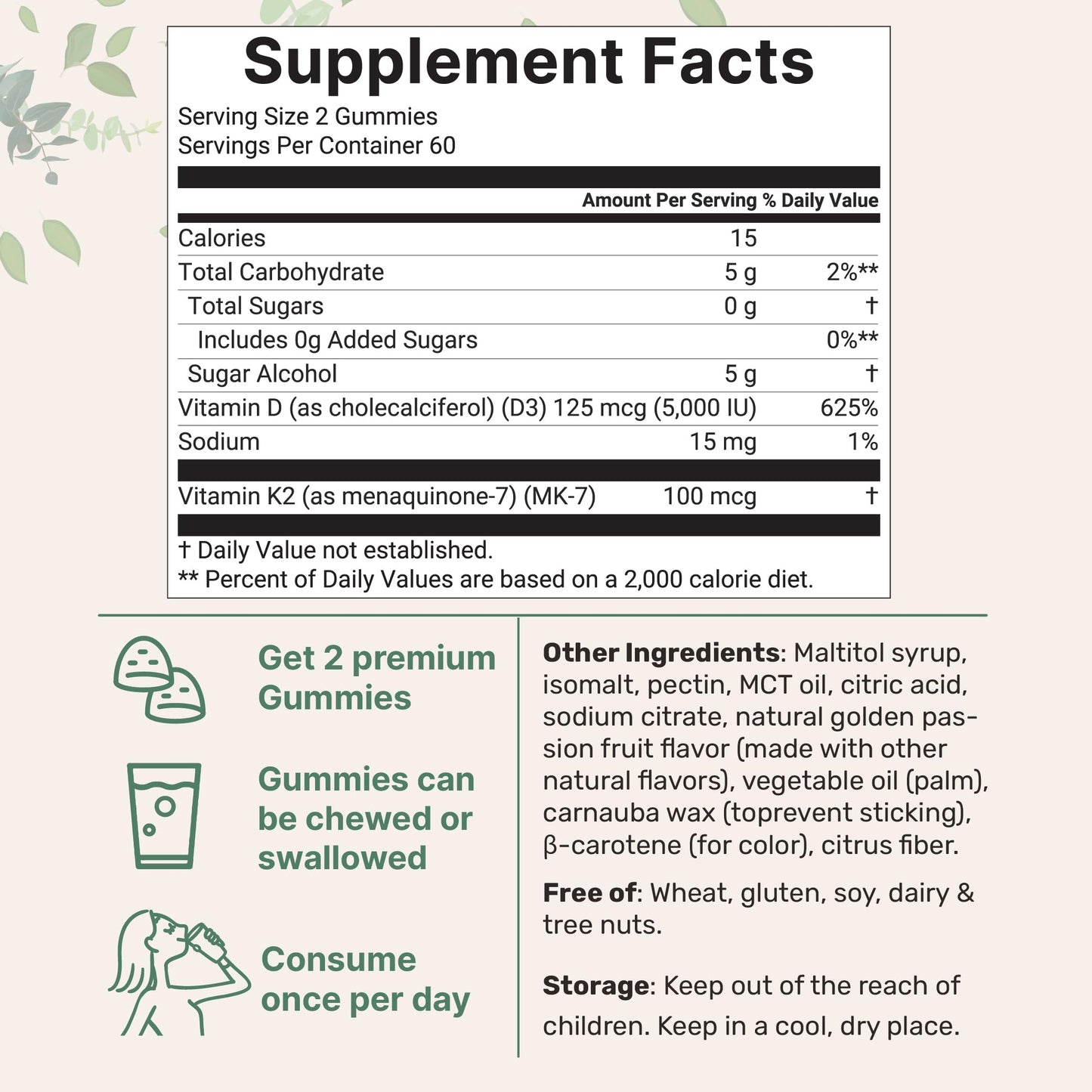 Vitamin D3 K2 Gummies 5,000 IU D3 + 100 mcg MK-7 | 120 Count | Sugar Free Golden Passion Fruit