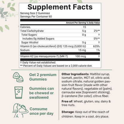 Vitamin D3 K2 Gummies 5,000 IU D3 + 100 mcg MK-7 | 120 Count | Sugar Free Golden Passion Fruit