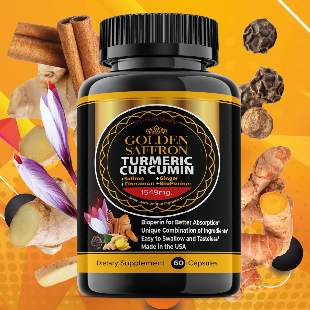 Golden Saffron Turmeric Curcumin with BioPerine – Made in USA