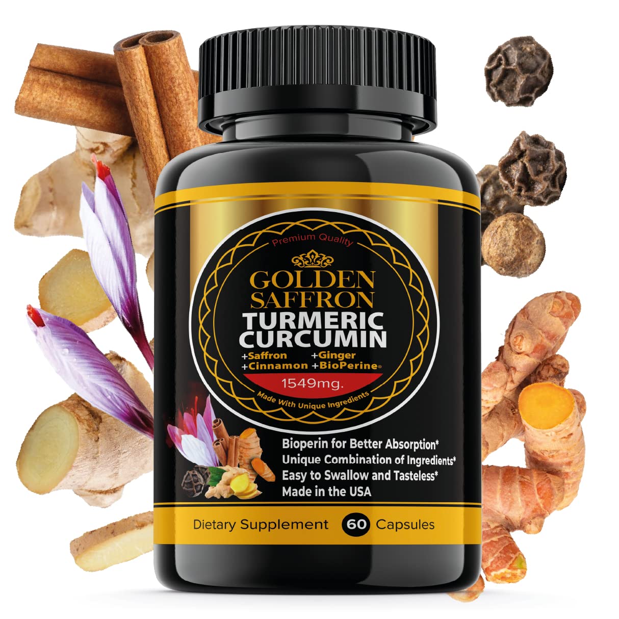 Golden Saffron Turmeric Curcumin with BioPerine – Made in USA