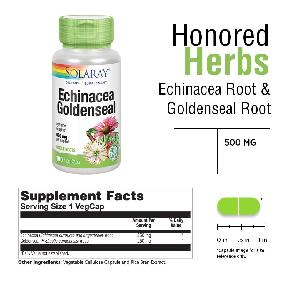 SOLARAY Echinacea Goldenseal - 250mg Echinacea & Goldenseal Root | Non-GMO, Vegan, Gluten Free | 100 Servings