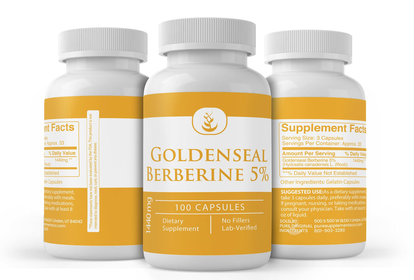 Pure Goldenseal Berberine Capsules - 100 Count, No Additives, Lab Verified