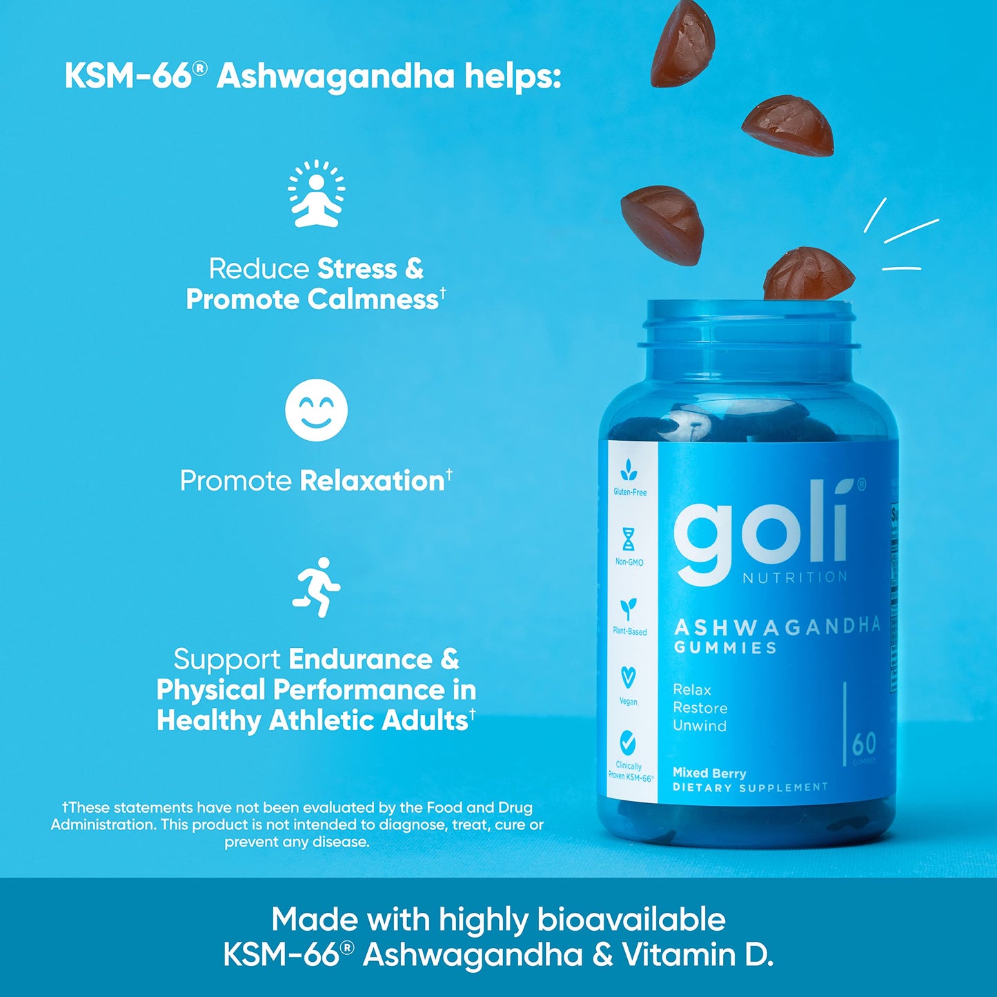Goli Ashwagandha & Vitamin D Gummies – 120 Count (Pack of 2) | Vegan