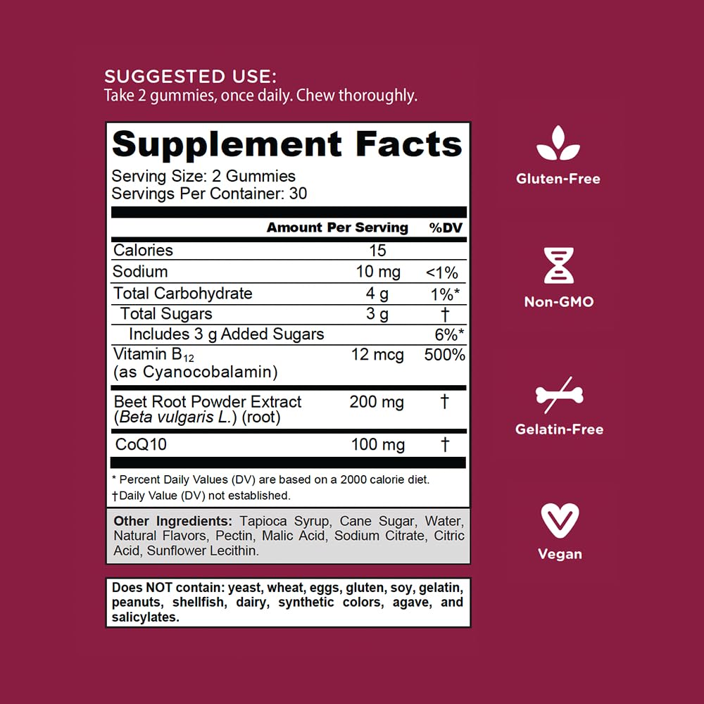 Goli Beets Cardio Gummy - 60 Count, 100mg CoQ10 & Beet Root Extract | Vegan, Gluten-Free, Non-GMO