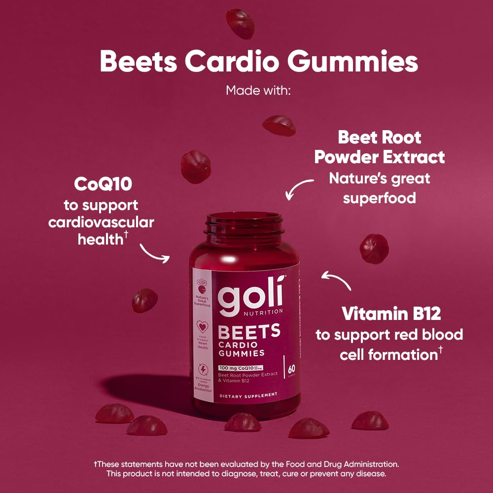 Goli Beets Cardio Gummy - 60 Count, 100mg CoQ10 & Beet Root Extract | Vegan, Gluten-Free, Non-GMO