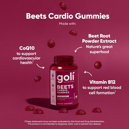 Goli Beets Cardio Gummy - 60 Count, 100mg CoQ10 & Beet Root Extract | Vegan, Gluten-Free, Non-GMO