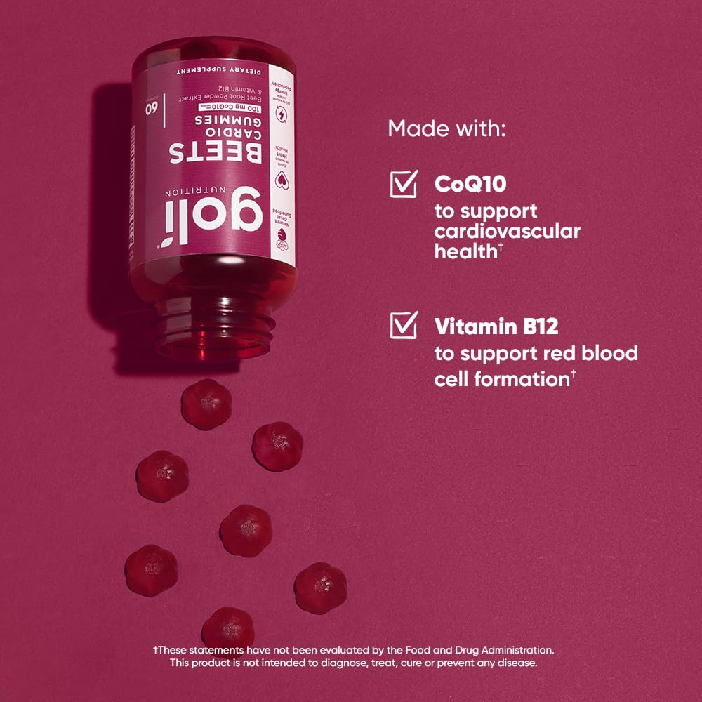 Goli Beets Cardio Gummy - 60 Count, 100mg CoQ10 & Beet Root Extract | Vegan, Gluten-Free, Non-GMO