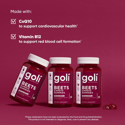 Goli Beets Cardio Gummy - 60 Count, 100mg CoQ10 & Beet Root Extract | Vegan, Gluten-Free, Non-GMO