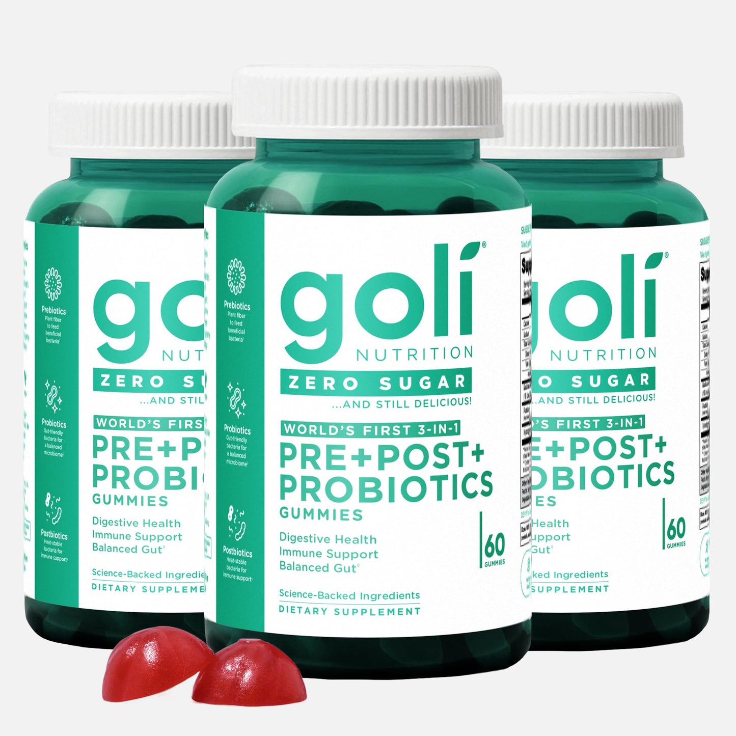 Goli Zero Sugar Pre, Post & Probiotic Gummies - 3-in-1 Gluten-Free, Vegan, Non-GMO, Gelatin-Free