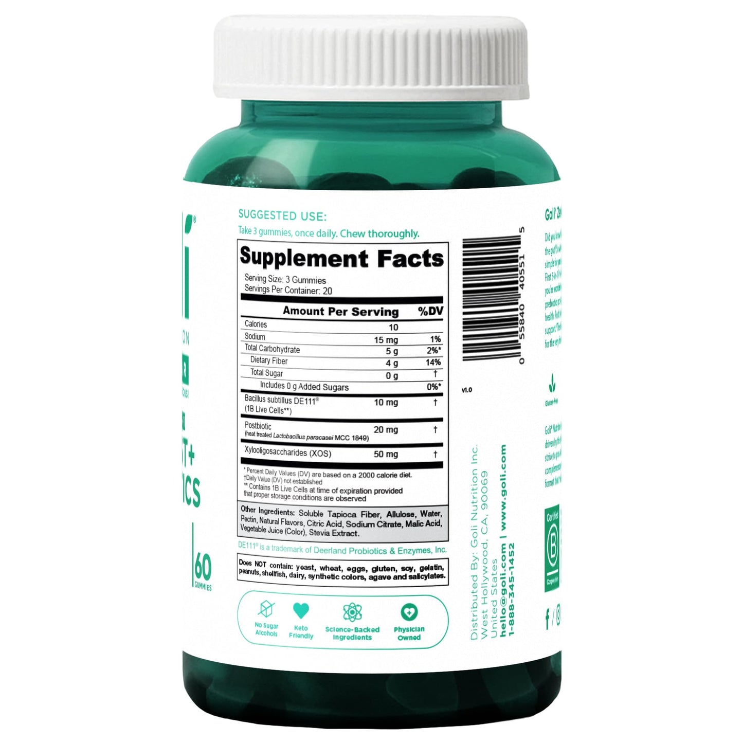 Goli Zero Sugar Pre, Post & Probiotic Gummies - 3-in-1 Gluten-Free, Vegan, Non-GMO, Gelatin-Free