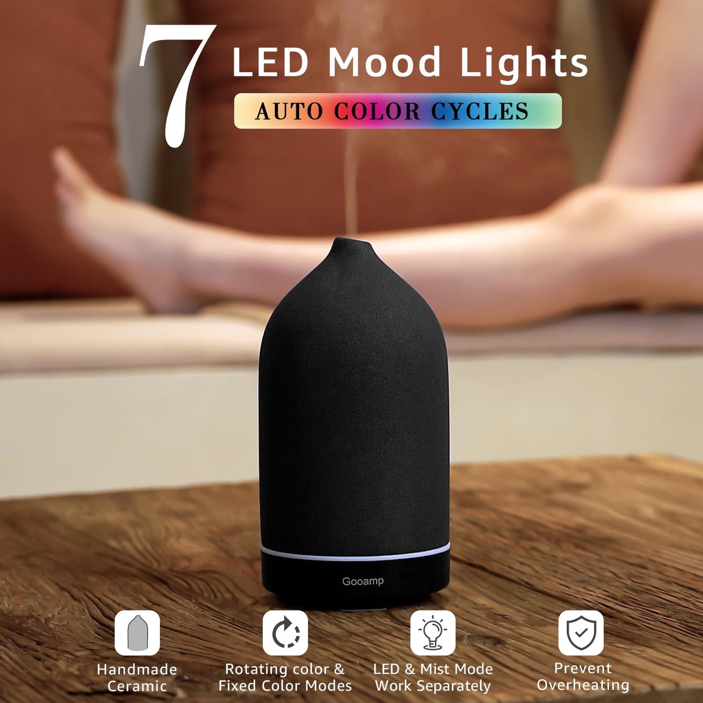 Gooamp 200ML Ceramic Essential Oil Diffuser – Ultrasonic Diffuser, 7-Color LED, Auto Shut-Off | Black