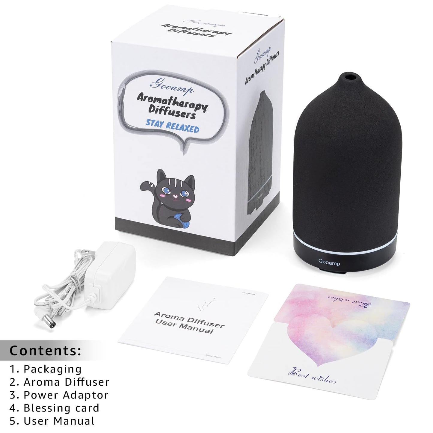 Gooamp 200ML Ceramic Essential Oil Diffuser – Ultrasonic Diffuser, 7-Color LED, Auto Shut-Off | Black