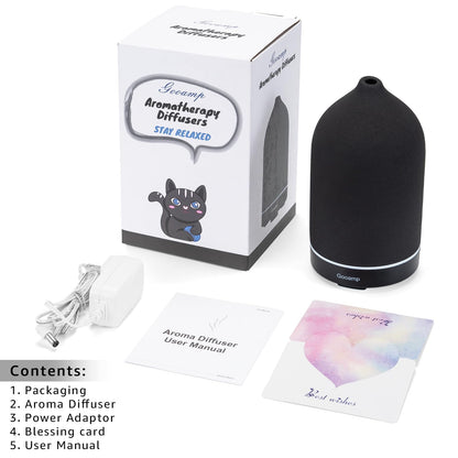 Gooamp 200ML Ceramic Essential Oil Diffuser – Ultrasonic Diffuser, 7-Color LED, Auto Shut-Off | Black