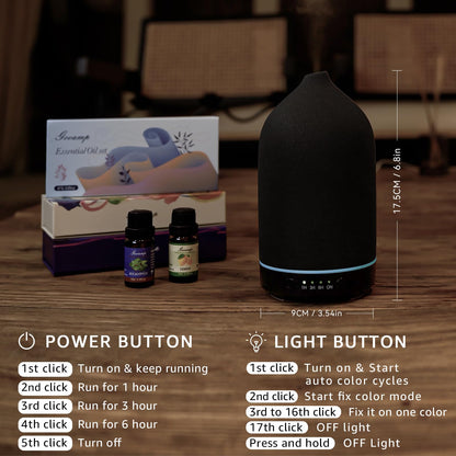 Gooamp 200ML Ceramic Essential Oil Diffuser – Ultrasonic Diffuser, 7-Color LED, Auto Shut-Off | Black
