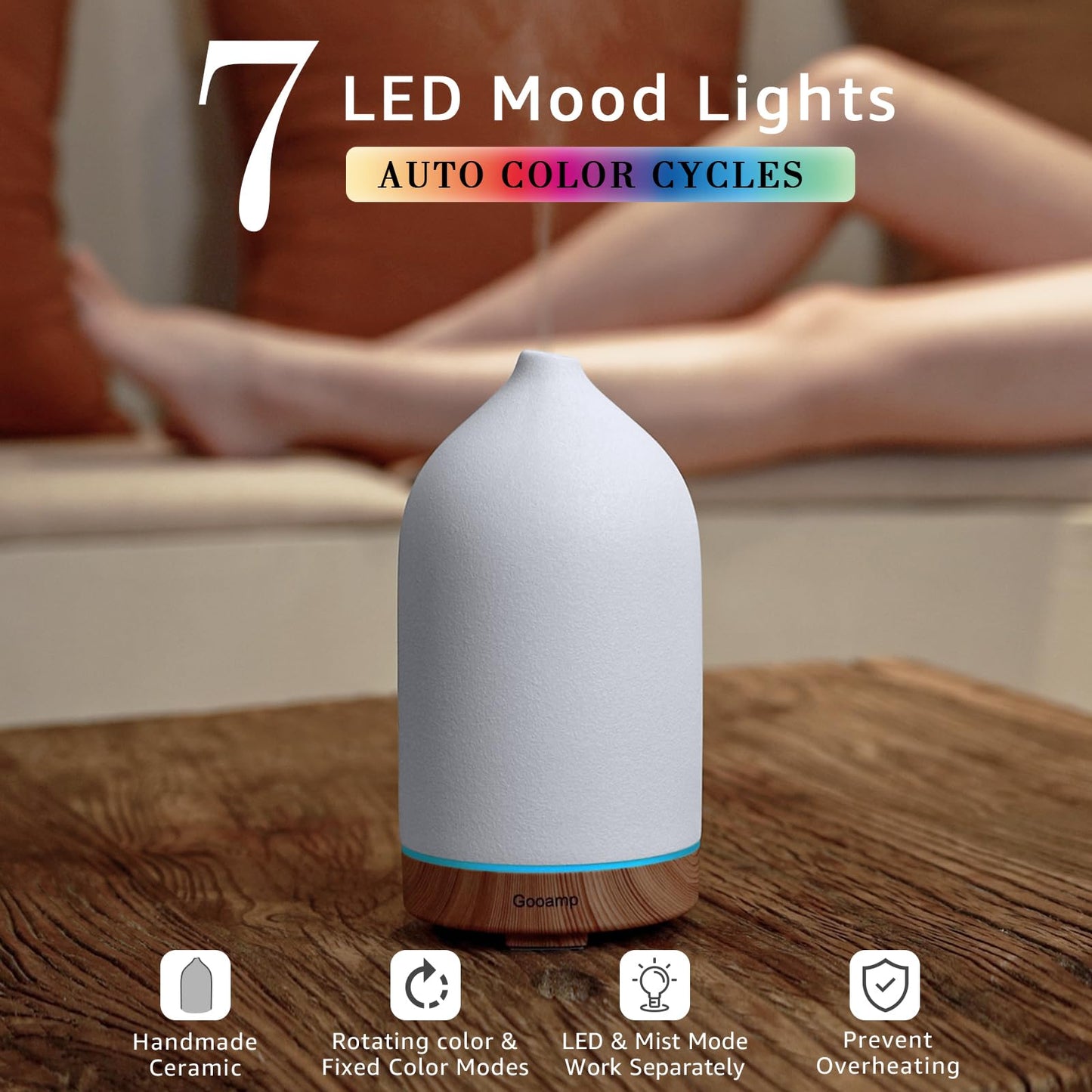 Gooamp 200ML Ceramic Essential Oil Diffuser - Ultrasonic Diffuser with 7-Color LED Lights, Auto Shut-Off, Wood Grain Base, 1H/3H/6H Timer
