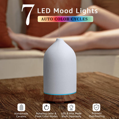 Gooamp 200ML Ceramic Essential Oil Diffuser - Ultrasonic Diffuser with 7-Color LED Lights, Auto Shut-Off, Wood Grain Base, 1H/3H/6H Timer