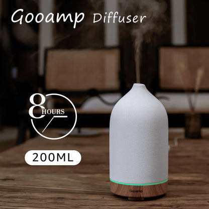 Gooamp 200ML Ceramic Essential Oil Diffuser - Ultrasonic Diffuser with 7-Color LED Lights, Auto Shut-Off, Wood Grain Base, 1H/3H/6H Timer