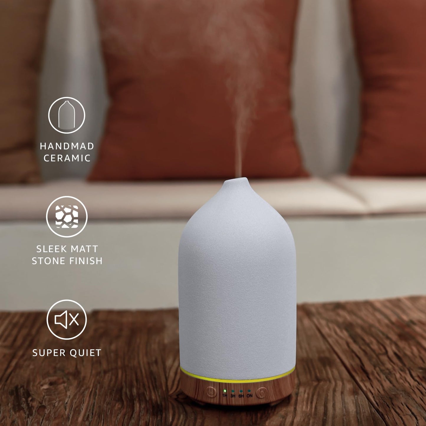 Gooamp 200ML Ceramic Essential Oil Diffuser - Ultrasonic Diffuser with 7-Color LED Lights, Auto Shut-Off, Wood Grain Base, 1H/3H/6H Timer