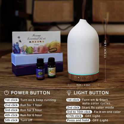 Gooamp 200ML Ceramic Essential Oil Diffuser - Ultrasonic Diffuser with 7-Color LED Lights, Auto Shut-Off, Wood Grain Base, 1H/3H/6H Timer