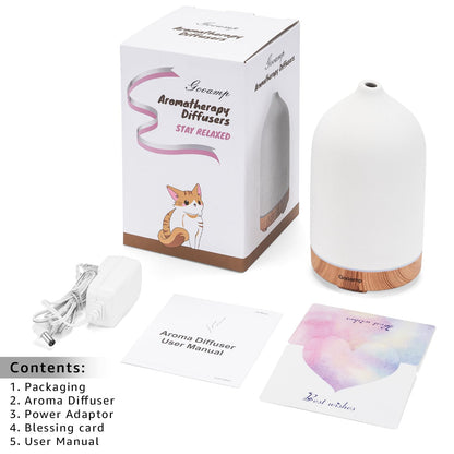 Gooamp 200ML Ceramic Essential Oil Diffuser - Ultrasonic Diffuser with 7-Color LED Lights, Auto Shut-Off, Wood Grain Base, 1H/3H/6H Timer