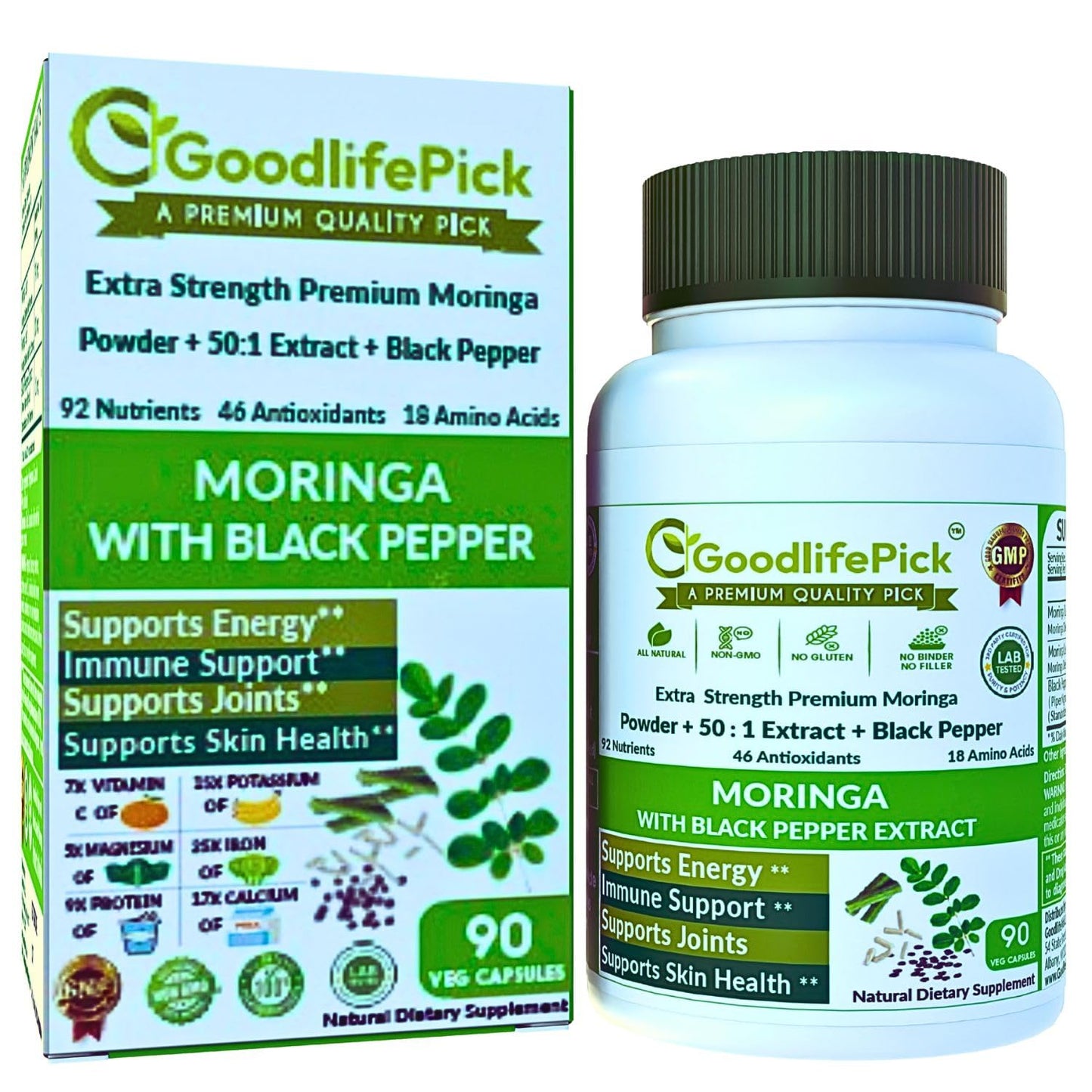 GoodlifePick Premium Moringa Capsules with Black Pepper | 50:1 Moringa Extract (90ct) – All Natural, Non-GMO, Vegan