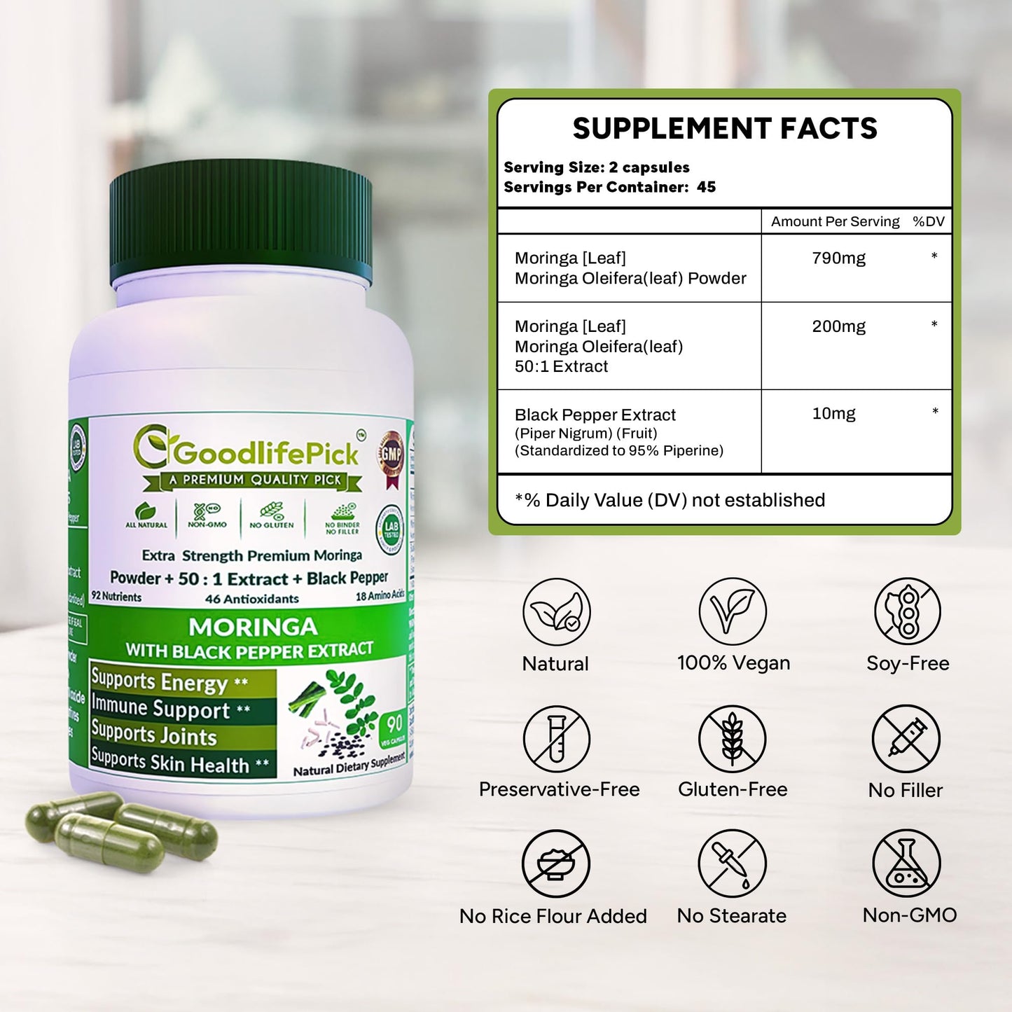 GoodlifePick Premium Moringa Capsules with Black Pepper | 50:1 Moringa Extract (90ct) – All Natural, Non-GMO, Vegan
