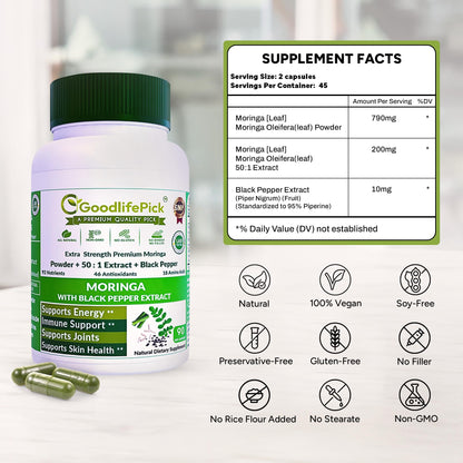 GoodlifePick Premium Moringa Capsules with Black Pepper | 50:1 Moringa Extract (90ct) – All Natural, Non-GMO, Vegan