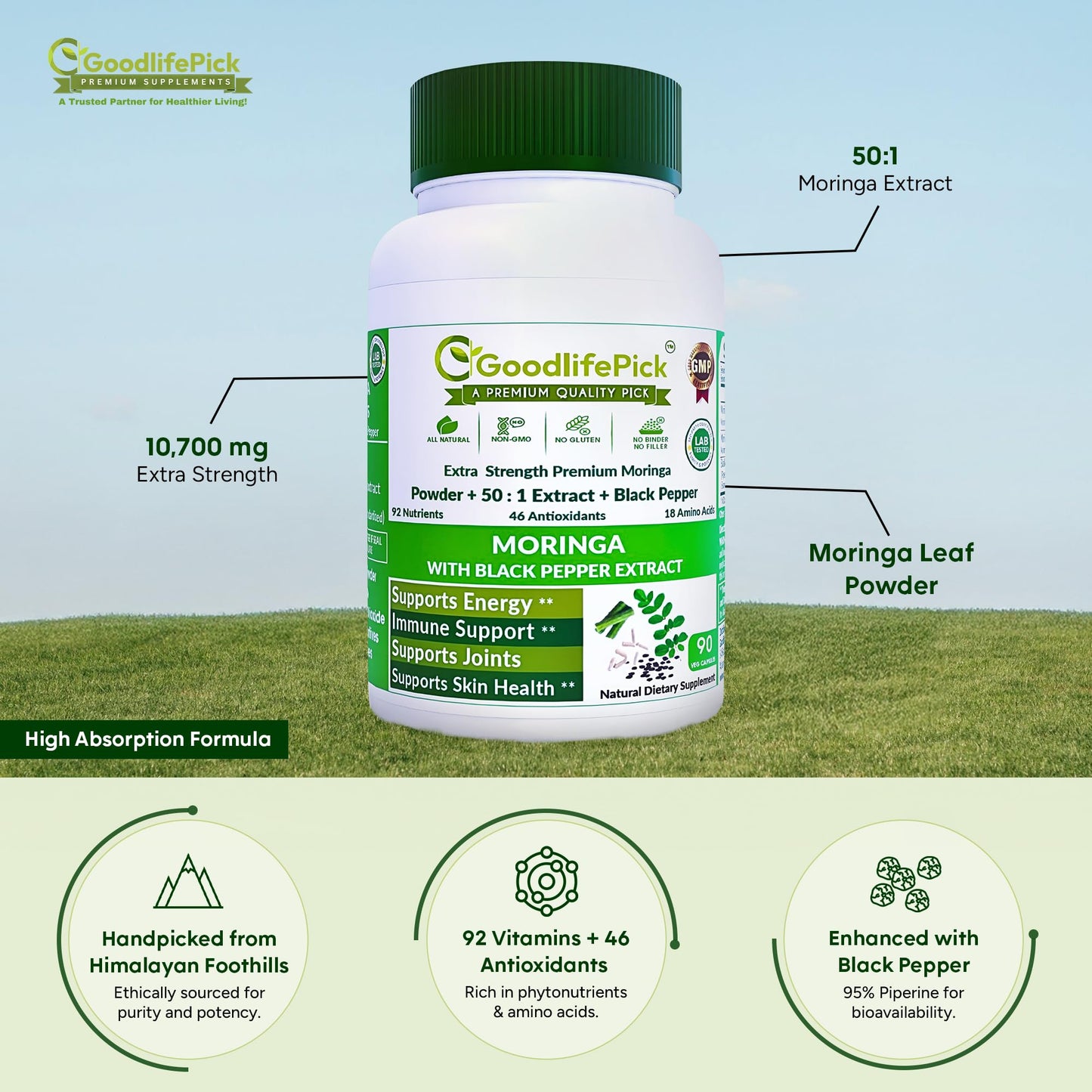 GoodlifePick Premium Moringa Capsules with Black Pepper | 50:1 Moringa Extract (90ct) – All Natural, Non-GMO, Vegan