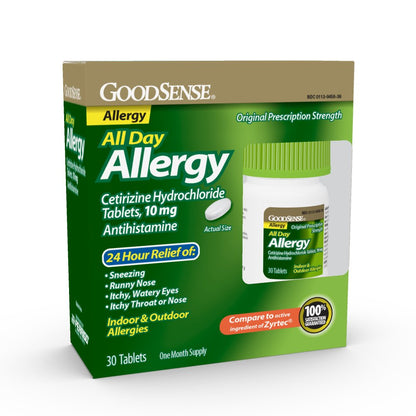 GoodSense Allergy Relief Cetirizine 10 mg – 24-Hour Indoor/Outdoor Relief, 30 Count