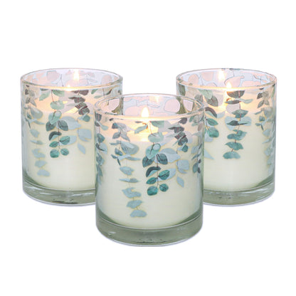 GORGE MOMENT Eucalyptus Scented Candles – 6.5oz Set of 3, Green Glass with Eucalyptus Leaf Design