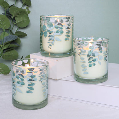 GORGE MOMENT Eucalyptus Scented Candles – 6.5oz Set of 3, Green Glass with Eucalyptus Leaf Design