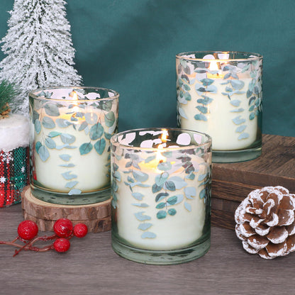 GORGE MOMENT Eucalyptus Scented Candles – 6.5oz Set of 3, Green Glass with Eucalyptus Leaf Design