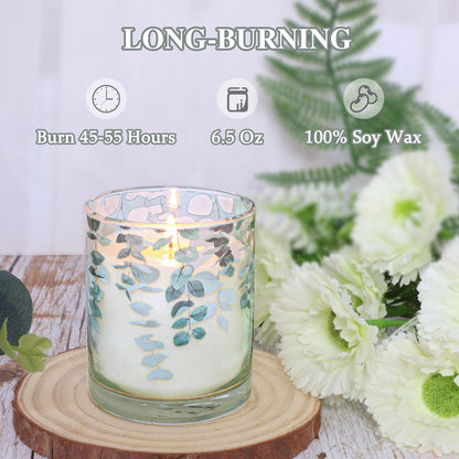 GORGE MOMENT Eucalyptus Scented Candles – 6.5oz Set of 3, Green Glass with Eucalyptus Leaf Design