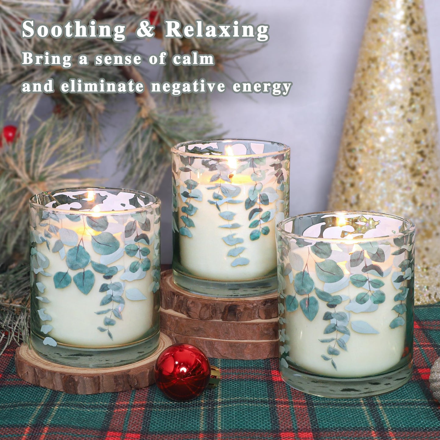 GORGE MOMENT Eucalyptus Scented Candles – 6.5oz Set of 3, Green Glass with Eucalyptus Leaf Design