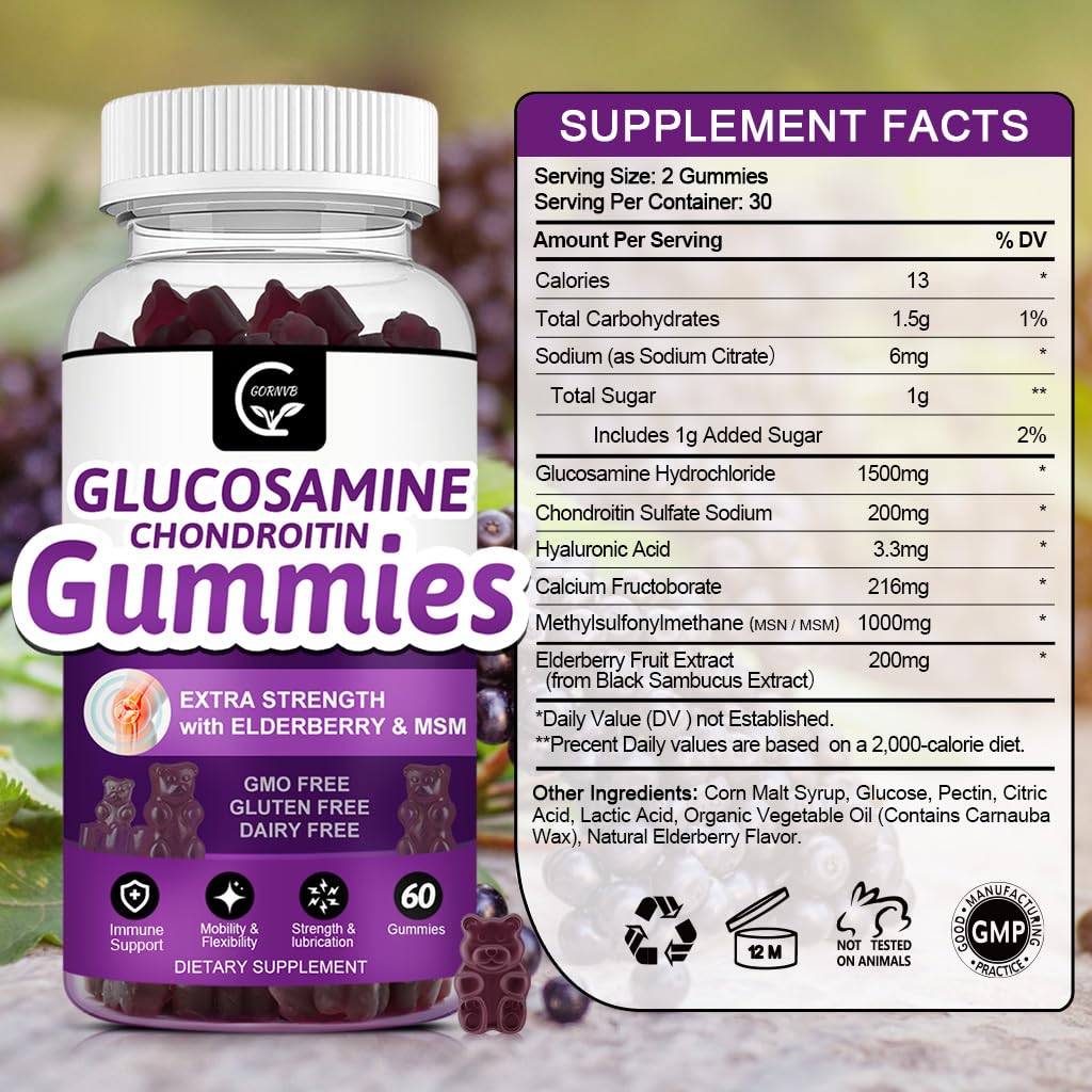 GORNVB Glucosamine Chondroitin Gummies with MSM & Elderberry – Extra Strength (2 Pack, 60 Gummies) | Flexibility & Immune Support