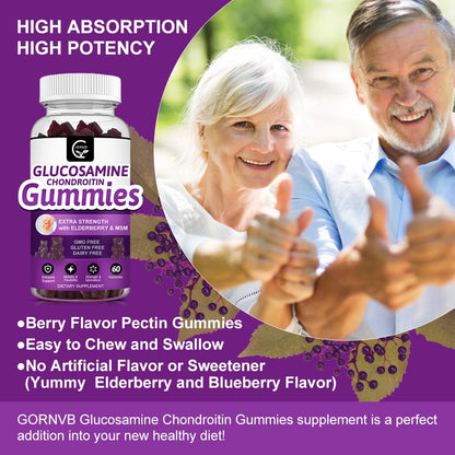 GORNVB Glucosamine Chondroitin Gummies with MSM & Elderberry – Extra Strength (2 Pack, 60 Gummies) | Flexibility & Immune Support