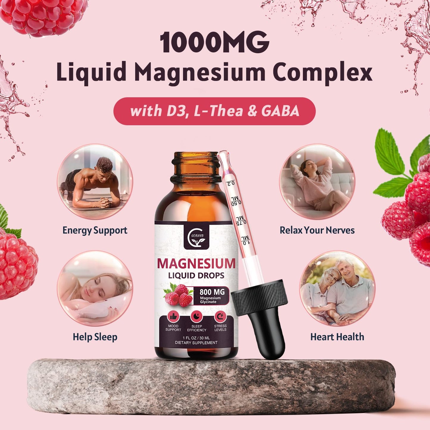 GORNVB Magnesium Glycinate Liquid Drops 1000mg - 2 Pack Raspberry (D3, L-Theanine & GABA)