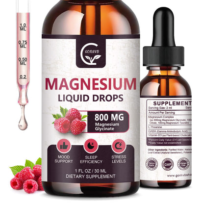 GORNVB Magnesium Glycinate Liquid Drops 1000mg - 2 Pack Raspberry (D3, L-Theanine & GABA)