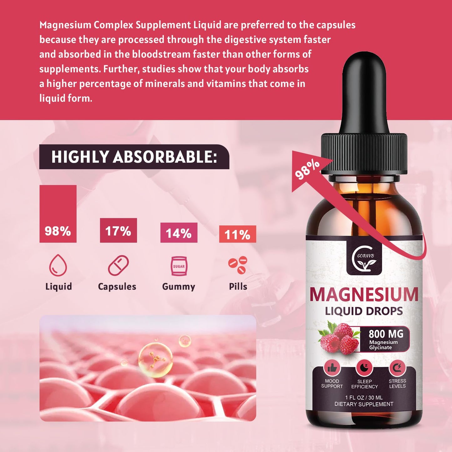 GORNVB Magnesium Glycinate Liquid Drops 1000mg - 2 Pack Raspberry (D3, L-Theanine & GABA)